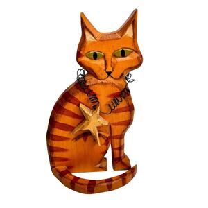 Vintage Hand Carved Wooden Folk Art Orange Tabby Cat Figurine Cottagecore 6.75"
